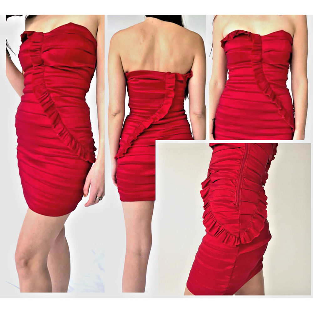 Y2k‎ Strapless Cherry Red Mini Dress 7 Ruffles Pleats Bodycon Dark Romance Vamp